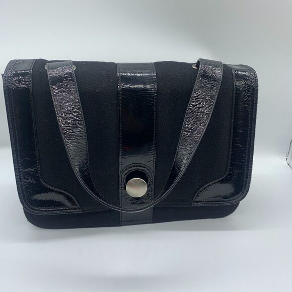 Hobo International Black Fabric Patent Leather Purse Handbag Flap Front - Picture 2 of 14